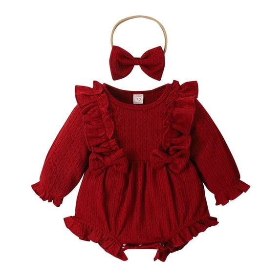 REDARER Girls' Long Sleeve Solid Romper & Headband Set Ruffle Trim Bowknot Design Bodysuit Outfit for Daily,6-12 Months