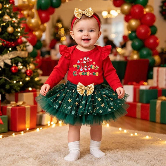 REDARER Infant Girls My 1st Christmas Outfit Long Sleeve Candy Cane Bodysuit Star Tulle Tutu Skirt Gold Bow Headband 3Pcs Holiday Costume,6-9 Months