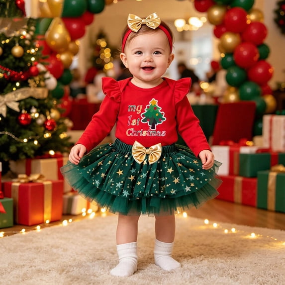 REDARER Infant Girls My 1st Christmas Outfit Long Sleeve Tree Print Bodysuit Star Tulle Tutu Skirt Gold Bow Headband 3Pcs Holiday Costume,3-6 Months