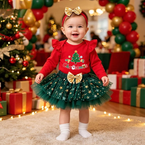 REDARER Infant Girls My 1st Christmas Outfit Long Sleeve Tree Print Bodysuit Star Tulle Tutu Skirt Gold Bow Headband 3Pcs Holiday Costume,6-9 Months