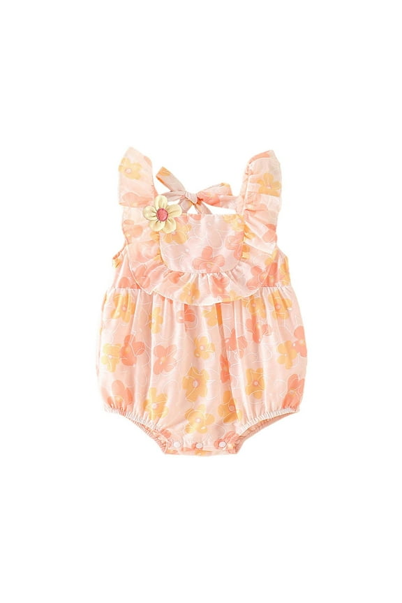 Girls' Peach Floral Print Romper Ruffle Sleeveless Back Bow Tie with 3D Flower Cotton Bodysuit Summer Outfit,6-12 Months