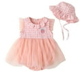 thumbnail image 1 of REDARER Girls' Romper Set Gingham Plaid Bodice with Strawberry Embroidery Tulle Overlay and Matching Bonnet,0-3 Months, 1 of 9