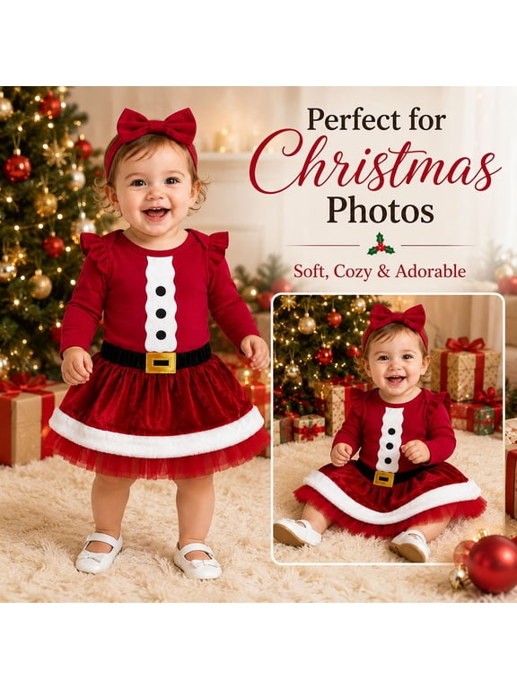 Girls Santa Christmas Outfit Long Sleeve Flutter Bodysuit Velvet Tulle Skirt Bow Headband 3Pcs Set Holiday Party ,12-18 Months