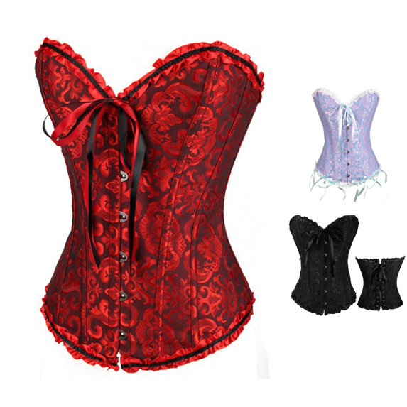 REDARER Jacquard Ruffled Corset Lace Up Back Satin Bow Front Buckle Waist Shaping Bustier for Gothic Halloween Party Cosplay Outfit,XL