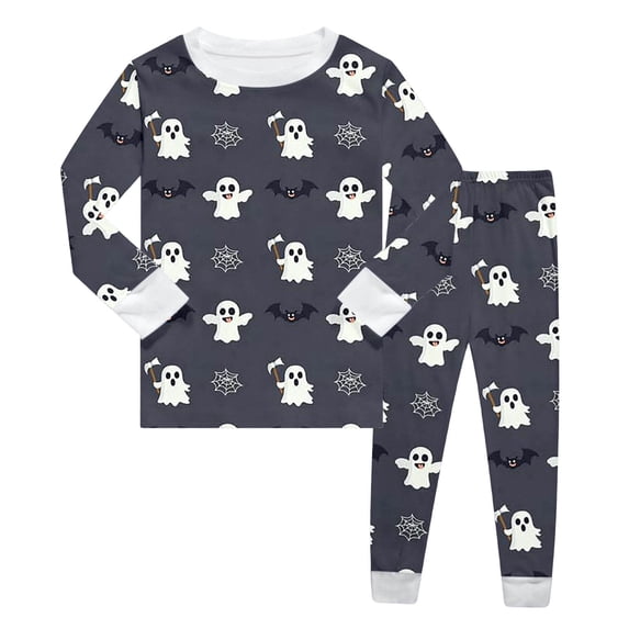 REDARER Kids 2 Piece Sleepwear Set Long Sleeve Crew Neck Top & Pants Ghost Bat Spider Print Soft Pajamas for Autumn Winter Halloween Home Party Outfit,8-9 Years