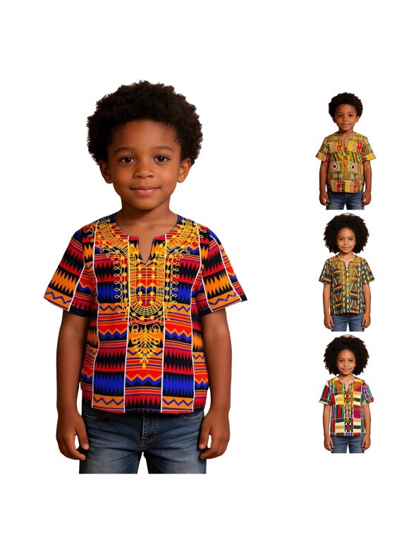 Kids African Geometric Print Dashiki Shirt Golden Embroidery V Neck Short Sleeve Loose Casual Ethnic Blouse,1-2 Years