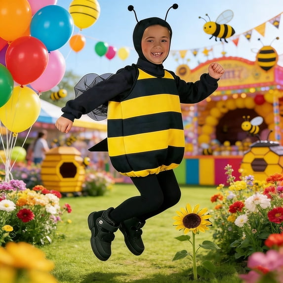 REDARER Kids Bee Cosplay with Wings and Hood Cartoon Insect Dress Up Outfit for Halloween Party Role Play,4-5 Years