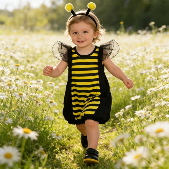 REDARER Kids Bee Cosplay Dress with Wings and Antenna Headband Cartoon Insect Outfit for Halloween Party Role Play,4-5 Years
