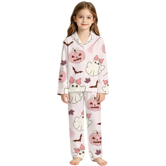 REDARER Kids Bow Ghost Pumpkin Halloween 2 Piece Long Sleeve Lapel Pajama Set Soft Comfort Loungewear for Trick or Treat Holiday Night Sleeping,5-6 Years