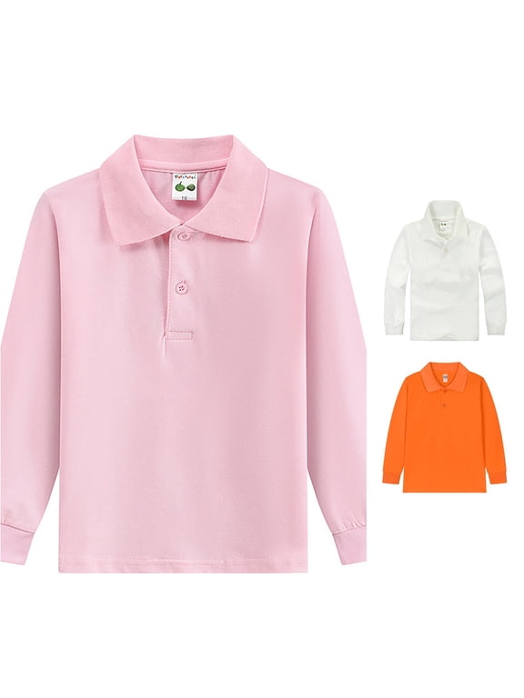 Kids Boys Long Sleeve Polo Shirt Soft Solid Button Closure School Uniform Casual Tops,13-14 Years