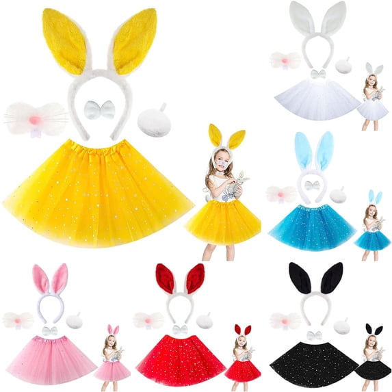 REDARER Kids Bunny Cosplay Set with Star Mesh Tutu Skirt Ear Headband Nose Tail Bow Accessory for Halloween Easter Trick or Treat Theme Party,4-10 Years