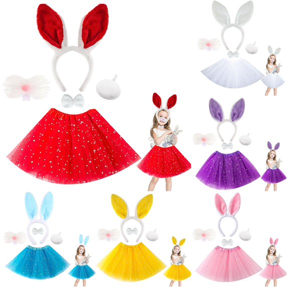 REDARER Kids Bunny Cosplay Set with Star Mesh Tutu Skirt Ear Headband Nose Tail Bow Accessory for Halloween Easter Trick or Treat Theme Party,4-10 Years