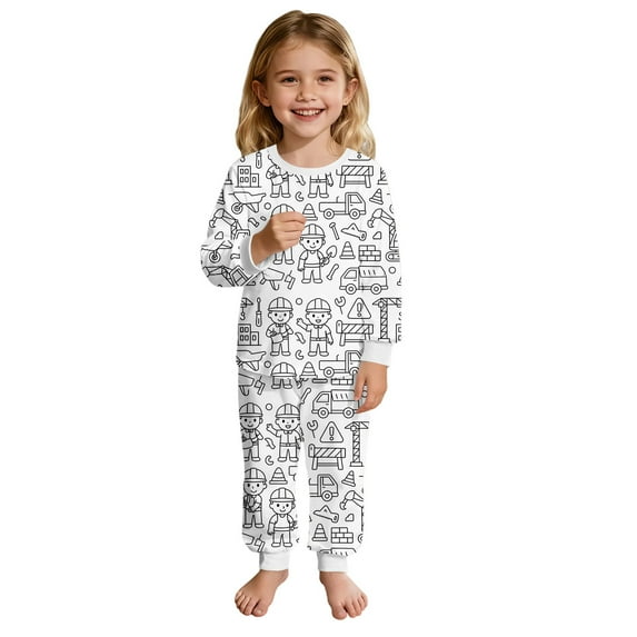 REDARER Kids Cartoon DIY Doodle Print Pajama Set, Long Sleeve Two-Piece Sleepwear with Cute Character Design, Cozy & Soft Loungewear for Boys Girls,9-10 Years