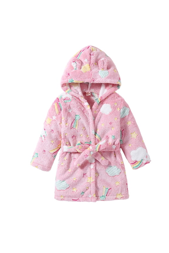 Kids Cartoon Hooded Bathrobe, Flannel Toddler Robe Pajamas for Boys and Girls, Cozy Thick Sleepwear for All Seasons,Size:12-24 Months