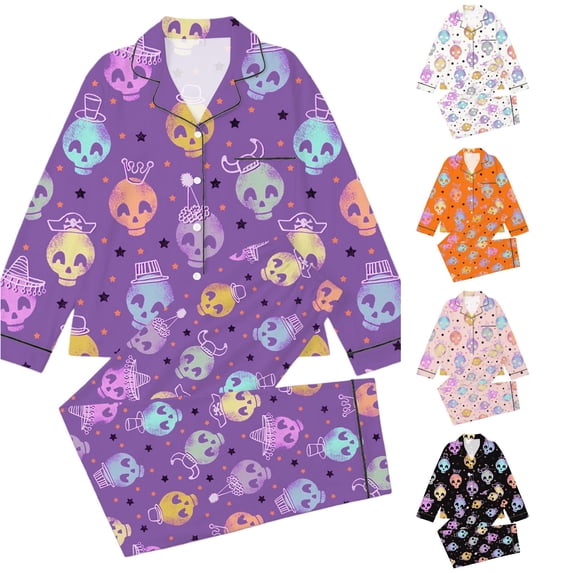 REDARER Kids Cartoon Skull Halloween 2 Piece Pajama Set Long Sleeve Button Down Sleep Outfit for Trick or Treat Holiday Nightwear,5-6 Years