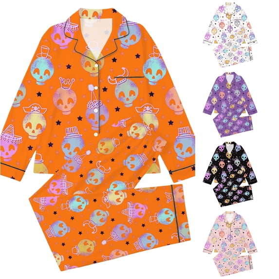 REDARER Kids Cartoon Skull Halloween 2 Piece Pajama Set Long Sleeve Button Down Sleep Outfit for Trick or Treat Holiday Nightwear,7-8 Years