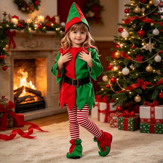 REDARER Kids Christmas Elf 4PCS Set Holiday Cosplay Outfit with Elf Hat Dress Striped Tights and Elf Shoes,14-15 Years