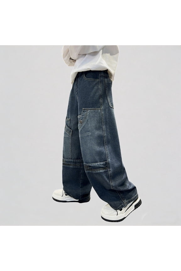 Kids Dark Wash Patchwork Wide Leg Denim Jeans Multi-Pocket Utility Design Button Closure Loose Fit Casual Trousers for Big Kids Youth Boys Girls,3-4 Years