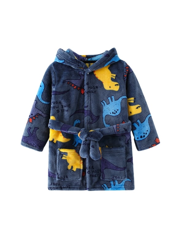 Kids Dinosaur Print Hooded Bathrobe Self Tie Belt Dual Pockets Warm Soft Flannel Boys Sleep Bath Robe,3-4 Years