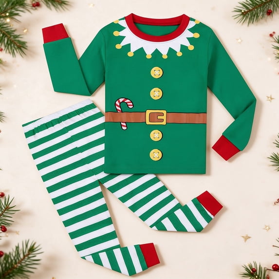 REDARER Kids Elf Print Two Piece Pajama Set Long Sleeve Top and Striped Pants Soft Loungewear for Christmas Eve Family Matching Holiday Sleepwear,10-11 Years