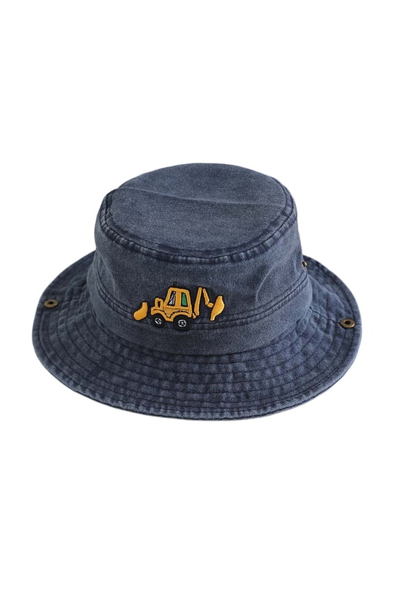Kids Excavator Bucket Hat, Washed Black Cotton Fisherman Hat with Construction Truck Embroidery,2-8 Years