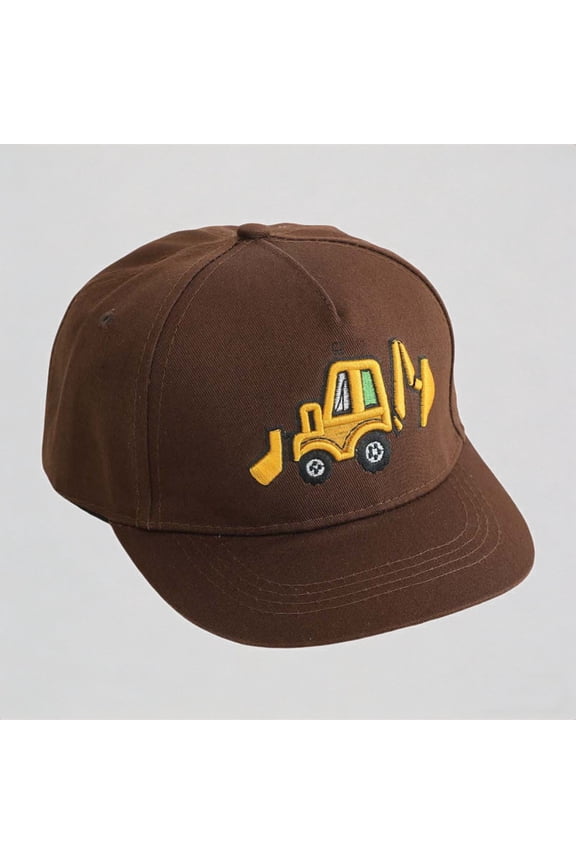 Kids Excavator Embroidery Flat Brim Baseball Cap Adjustable Sun Hat,One Size