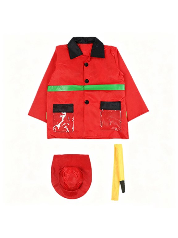 Kids Firefighter Cosplay Long Sleeve Reflective Strip Jacket with Hat and Pretend Prop for Halloween Party Pretend Role Play Stage Performance Fancy Dress Outfit,One Size
