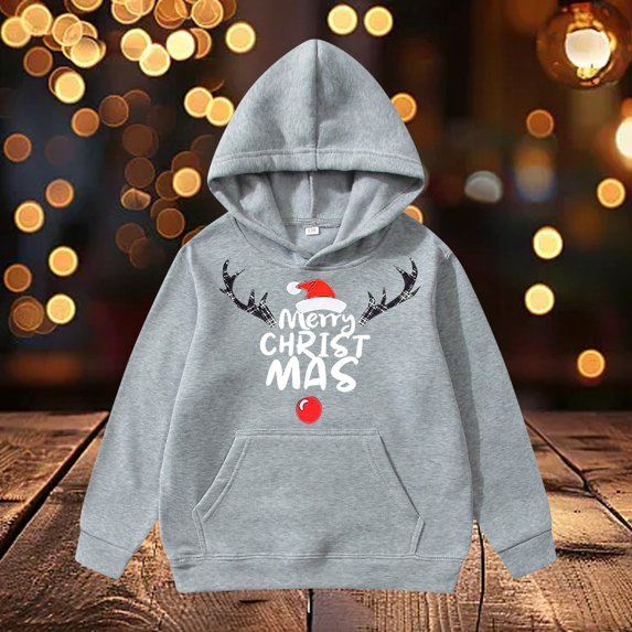 REDARER Kids Fleece Hooded Sweatshirt Reindeer Antler Santa Hat Merry Christmas Print Pullover Top with Front Pocket for Xmas Holiday Party,6-8 Years