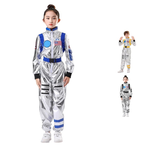 REDARER Kids Full Zip Astronaut Jumpsuit Adjustable Waist Strap Patch Decor Cosplay Outfit for Halloween Carnival Stage Performance Pretend Role Play Dress Up,5-6 Years