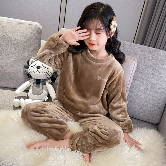 REDARER Kids Fuzzy Flannel 2 Piece Pajama Set Embroidered Crew Neck Top Elastic Pants Unisex Winter Home Loungewear Sleepwear,2-3 Years