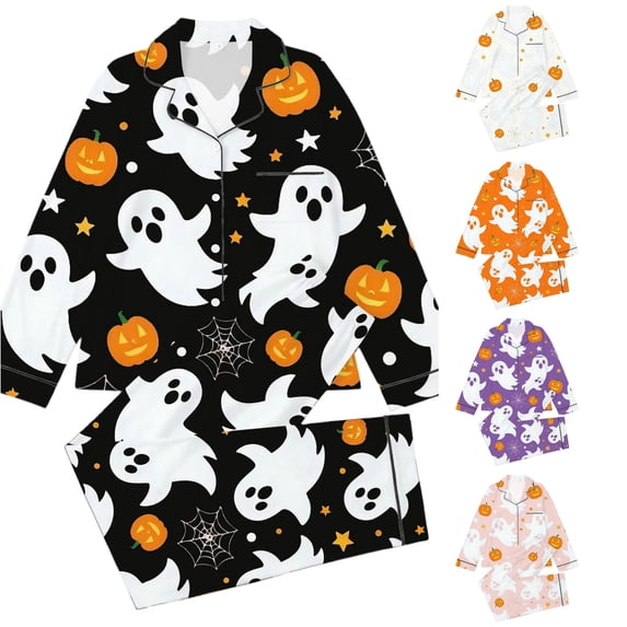 REDARER Kids Ghost Pumpkin Halloween 2 Piece Pajama Set Long Sleeve Button Down Sleep Outfit for Trick or Treat Holiday Nightwear,3-4 Years
