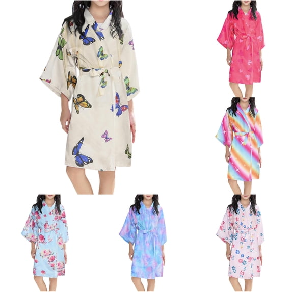 REDARER Kids Girls Butterfly Print Satin Kimono Robe V Neck Three Quarter Sleeve Self Belt Light Summer Sleep Bath Cover Up,3-5 Years