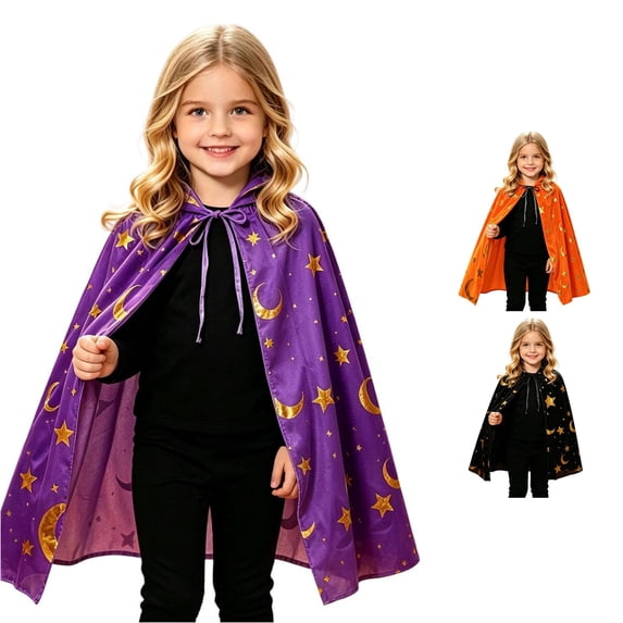 REDARER Kids Halloween Cape Star Moon Print Tie‑Front Cloak for Trick or Treat Stage Performance Cosplay Fancy Dress Party Outfit,2-10 Years