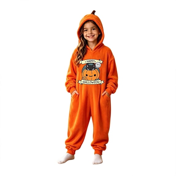 REDARER Kids Happy Halloween Cat Pumpkin Ghost Print Pumpkin Hood Onesie Full Zip with Pockets for Trick or Treat Halloween Party Cosplay Casual Loungewear Pajama Outfit,4-5 Years