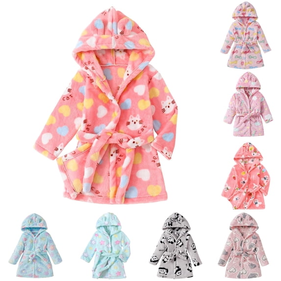 REDARER Kids Hooded Bathrobe Soft Plush Long Sleeve Colorful Flower Heart Print Self Tie Warm Sleep Robe For Boys Girls,5-6 Years