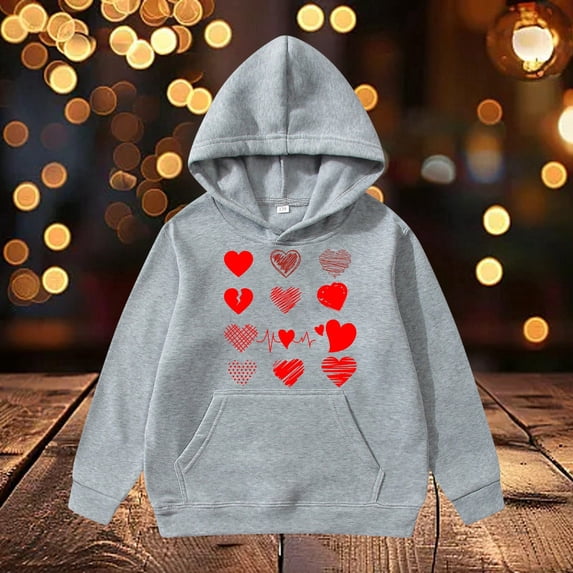 REDARER Kids Hooded Sweatshirt Heart and Heartbeat Print Long Sleeve Pullover Casual Hoodie with Kangaroo Pocket,6-8 Years