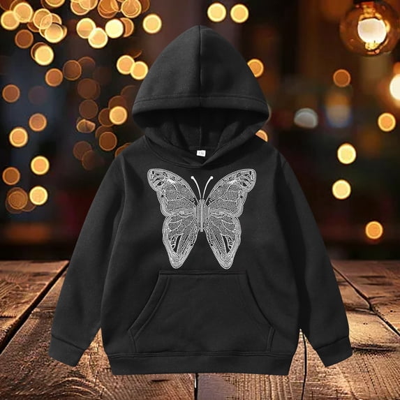 REDARER Kids Hooded Sweatshirt Rhinestone Style Butterfly Print Long Sleeve Pullover Casual Hoodie with Kangaroo Pocket,8-10 Years