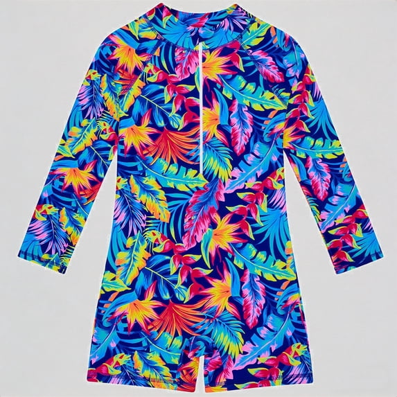 REDARER Kids' Long-Sleeve Rash Guard Swimsuit – Tropical Leaf Print, Full-Zip Design, UV-Protective Beach Swimwear,10-12 Years