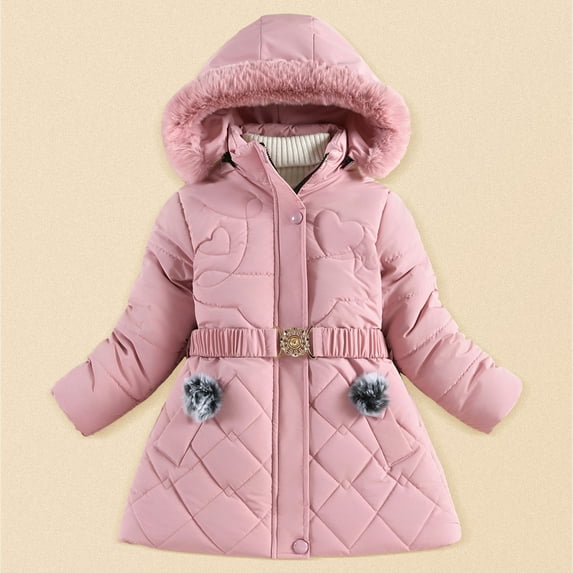 REDARER Kids Long Winter Coat, Hooded Downlike Jacket with Belted Waist and Pompom Trim, Windproof Warm Outerwear,Size:9-10 Years