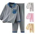 thumbnail image 1 of REDARER Kids Notch Collar Button Front Ribbed Knit 2 Piece Sleep Set Chest Pocket Elastic Waist Soft Cozy Long Sleeve Night Loungewear Outfit,2-3 Years, 1 of 5
