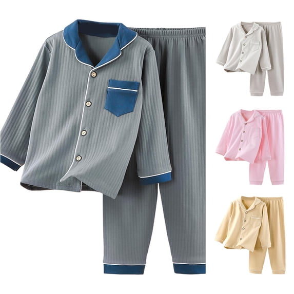 REDARER Kids Notch Collar Button Front Ribbed Knit 2 Piece Sleep Set Chest Pocket Elastic Waist Soft Cozy Long Sleeve Night Loungewear Outfit,2-3 Years