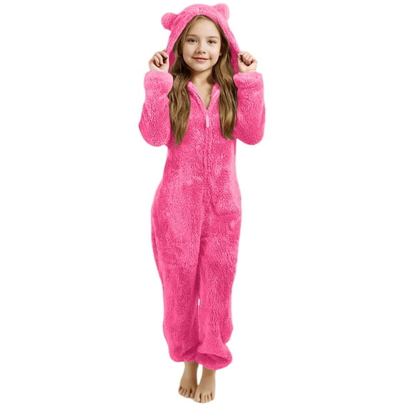 REDARER Kids Plush Bear Ears Romper Jumpsuit, Long Sleeve Pajamas with Grip Soles, Cozy 1-Piece Sleepwear & Loungewear for Toddler Boys Girls,7-8 Years