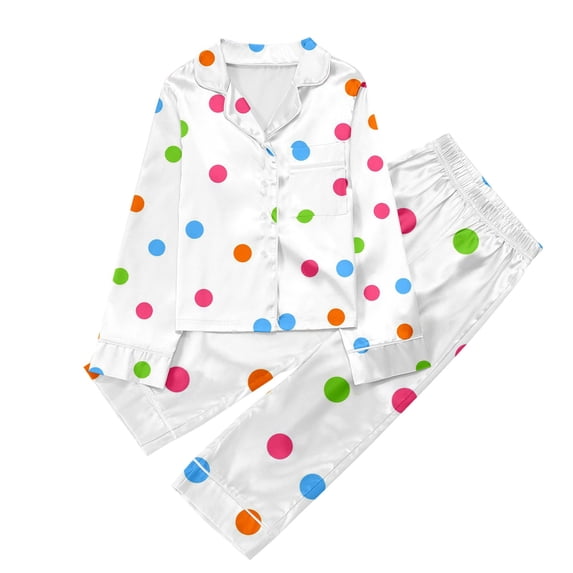 REDARER Kids' Satin Pajama Set Colorful Polka Dots Long Sleeve Top & Pants Soft Sleepwear for Boys & Girls,13-14 Years