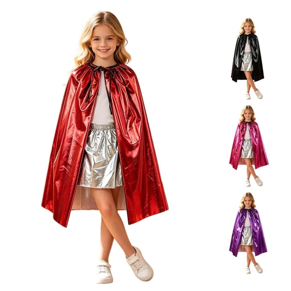 REDARER Kids Shiny Metallic Hooded Cape Cloak Cosplay Mantle Outfit for Halloween Party Fancy Dress Up Role Play Stage Performance,One Size