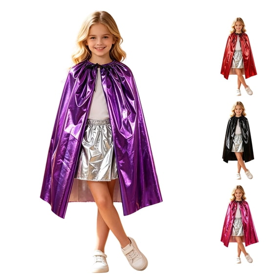 REDARER Kids Shiny Metallic Hooded Cape Cloak Cosplay Mantle Outfit for Halloween Party Fancy Dress Up Role Play Stage Performance,One Size