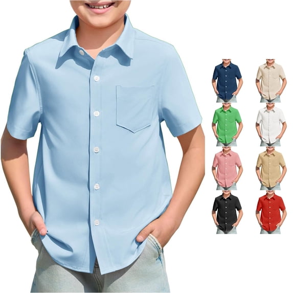 REDARER Kids Short Sleeve Button Down Shirt Chest Pocket Lightweight Summer Beach School Casual Tops School Uniform,11-12 Years