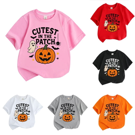 REDARER Kids Short Sleeve Crew Neck T Shirt Cutest In The Patch Pumpkin Ghost Bat Spider Star Graphic Soft Casual Tee for Boys Girls Halloween Daily Holiday Wear,10-11 Years