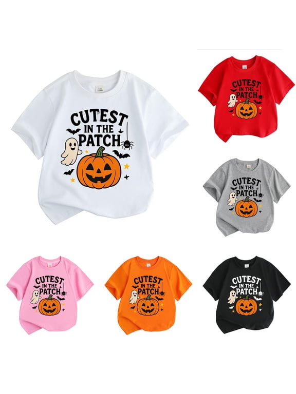 Kids Short Sleeve Crew Neck T Shirt Cutest In The Patch Pumpkin Ghost Bat Spider Star Graphic Soft Casual Tee for Boys Girls Halloween Daily Holiday Wear,4-5 Years