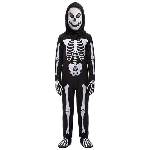 REDARER Kids Skeleton Cosplay Full‑Body Jumpsuit with Hood Mask Gloves and Foot Covers for Halloween Fancy Dress Role Play Themed Party Outfit,5-6 Years