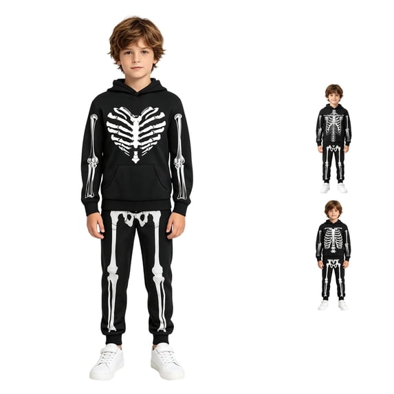 REDARER Kids Skeleton Print Hoodie Jogger Pants 2 Piece Outfit Halloween Cosplay Tracksuit for Trick or Treat Daily Wear Party,11-12 Years
